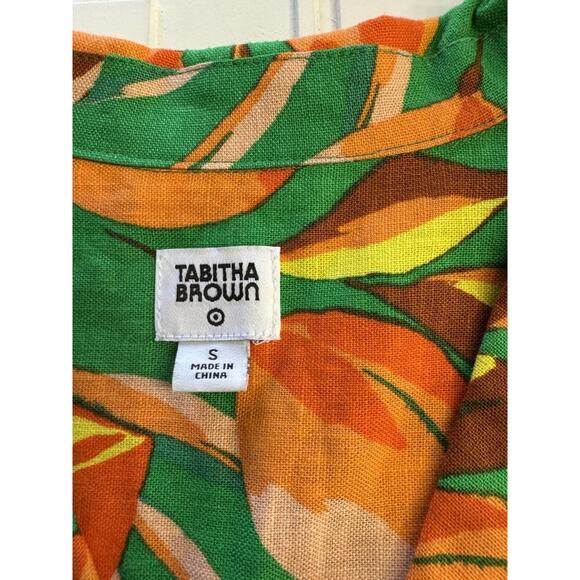 Tabitha Brown Target Button-Up Shirt Linen Small Green Leopard Orange Print Top - Picture 2 of 5